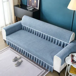 Quilted thickened sofa cover with lace skirt, blue four-season slip-resistant slipcover.