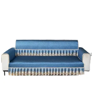Quilted thickened blue sofa cover with elegant lace trim anti-slip durable living room