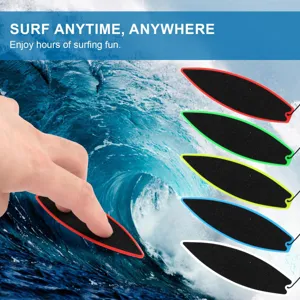 Set of colorful mini finger surfboards with leashes shown over crashing wave background