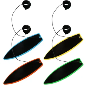 Set of four colorful finger surfboards with leash and finger straps for surfers