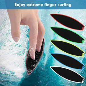 Detailed action shot of a mini finger surfboard toy surfing on dynamic water waves