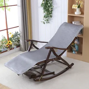 Wooden rocking chair with grey patterned cushion, comfortable folding recliner for home use.