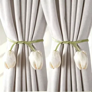 Tulip curtain tieback cream style hanging ornament pair decorative fabric strap detail view.