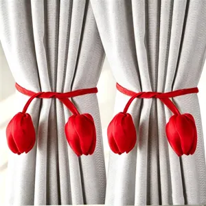 Red tulip curtain tiebacks pair adjustable decorative holders for modern home decor styling