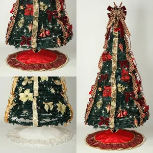 Detail showing ruffled Christmas tree skirt in festive red and white fabric options