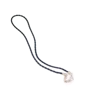 Close-up detail of a durable black braided necklace cord with silver-tone lobster clasp