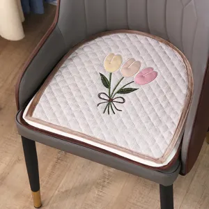 Coussin de chaise en forme de fer à cheval brodé tulipe, assise antidérapante.