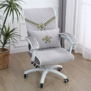 Grey padded office chair cover set with floral embroidery, soft quilted fabric for computer swivel.