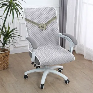Quilted office chair cover set with armrest protectors, padded backrest, light gray design.