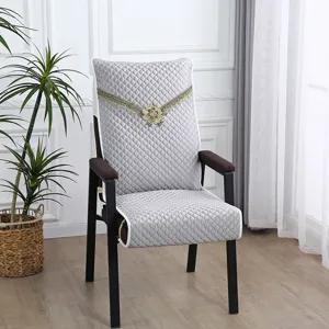 Grey quilted mahjong chair cover with gold lace decor, thick backrest protector for home use.