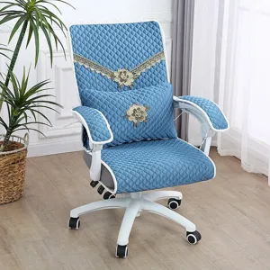 Quilted Office Chair Cover Set Embroidered Swivel Chair Protector With Armrest Covers Lumbar Pillow Home Decor
