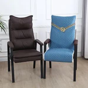 Detailed view of comfortable mahjong chair and blue quilted protective cover set indoor.