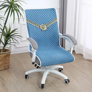 Detail shot of quilted office chair cover in blue with elegant lace flower trim decoration.