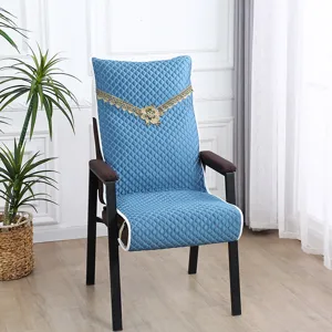 Blue quilted mahjong chair cover detail, elegant blue fabric with gold lace floral embroidery.