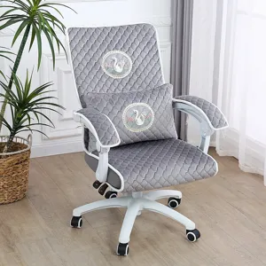 Quilted office chair cushion cover set with elegant swan embroidery, grey velour fabric.