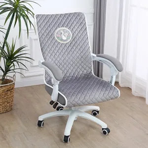 Detailed view of the gray quilted office chair cover set featuring elegant swan embroidery.