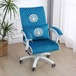 Quilted office chair cover set with armrest protectors and lumbar pillow, blue velvet design.