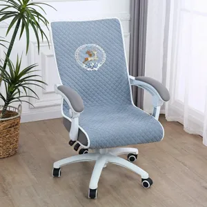 Quilted office chair cover with deer embroidery, soft swivel seat protector for room.
