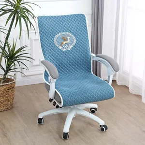 Quilted office chair cover with elegant deer embroidery, soft and comfortable for swivel chairs.