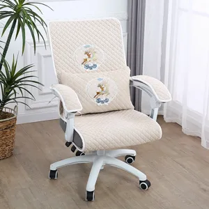 Quilted office chair cover set with deer embroidery beige computer swivel seat protector