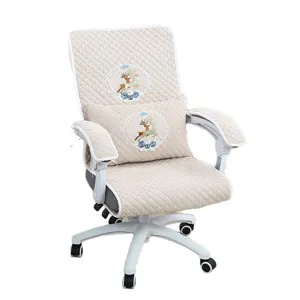Quilted office chair cover set with cute deer embroidery, thick padded computer desk chair protector.