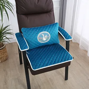 Blue quilted chair cushion set with swan embroidery, thickened soft pad for office and mahjong chairs.