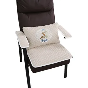 Thickened mahjong chair cushion set with deer embroidery, comfortable office seat pad protector.