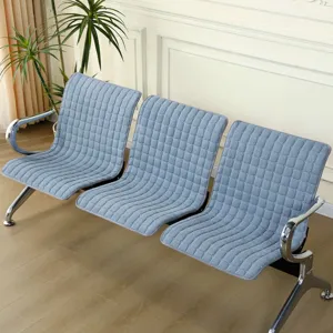 Detailed view of padded waiting chair cushion covers in light blue for triple public seats.