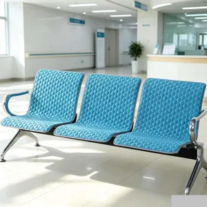 Blue quilted waiting chair cushion cover, thick padding for public bank hospital benches.