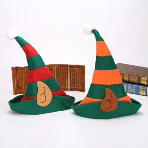 Detailed display of red and orange striped elf hats with ears for holiday decor
