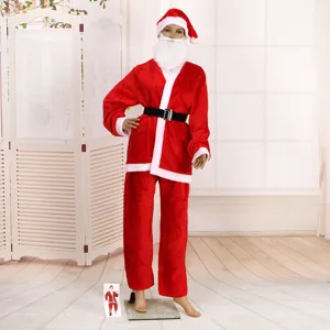 Adult Men Santa Claus Costume Set Red Short Plush Christmas Cosplay Outfit Top And Bottom Hat Belt Beard Festive Suit