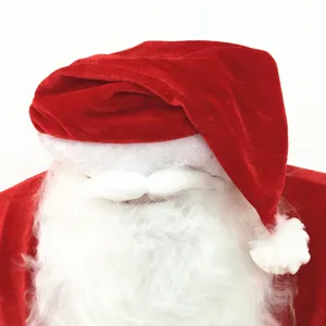 Detail of a classic red velvet Santa hat with a white plush beard for Christmas costumes.