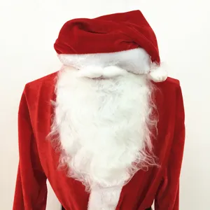 Detail view of premium red velvet Santa Claus costume set with white plush trim