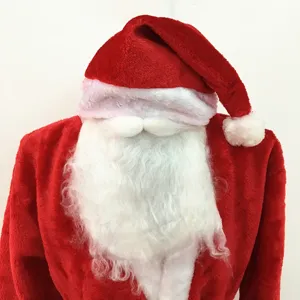 Detail view of the classic red plush Santa Claus costume with white beard and hat