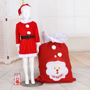 Costume di Natale per Ragazze Abito in Velluto Oro Peluche Cappello Cintura per Bambini Festa Spettacolo Rosso Bianco