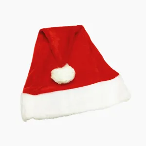 Detailed view of the soft velvet fabric and white plush trim of the Santa hat.