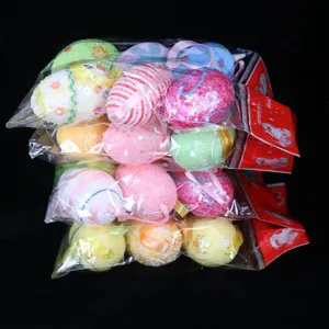 Detail of foam Easter eggs with glitter and ribbons, 6 pieces per clear bag.