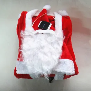 Detailed view of folded 5-piece red plush Santa Claus costume with a white beard