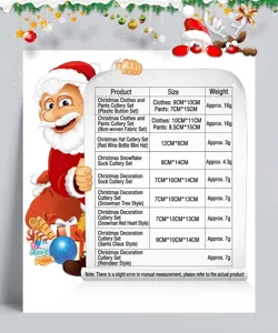 Gedetailleerde specificatietabel voor kerstbestekhoezen met maten en gewichten