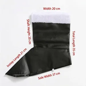 Gedetailleerde afmetingen van zwarte kerstman laarzen met een witte pluche rand.