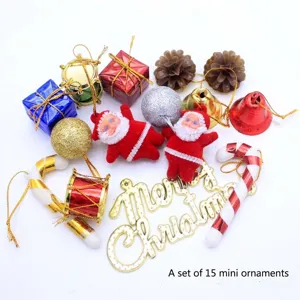 Colorful 15-piece Christmas tree ornament set featuring Santa figures, bells and gift boxes