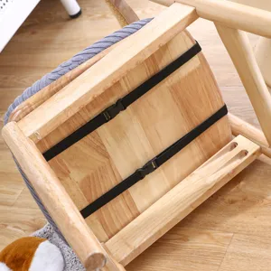 Thickened seat cushion detail showing sturdy wooden base, adjustable straps, and secure buckles.