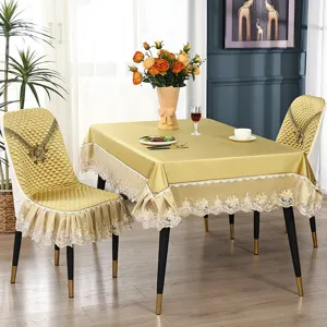 Luxuriöse goldene Tischdecke und Stuhlbezug Set, elegante Spitzen Heimtextilien Dekoration für Esszimmer.