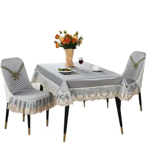 Eisenseide Esstisch und Stuhlabdeckung Set, elegantes graues Spitzenmuster für Dekoration.