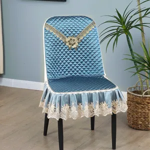 Blue quilted dining chair cover with lace embroidery, all-inclusive slipcover for home.