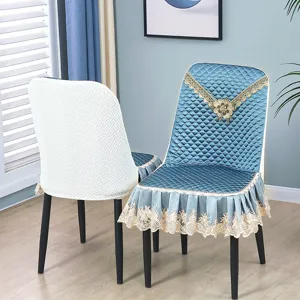 Luxury dining chair cover set, quilted blue lace design, anti-slip all-inclusive universal fit.