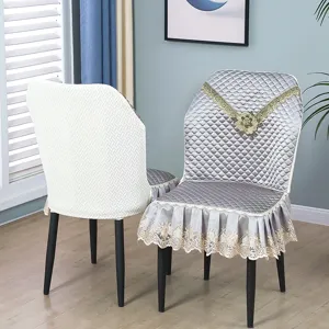 Universal curved dining chair cover set, quilted lace and textured knit slipcover home decor.
