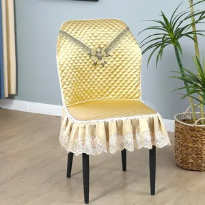 Luxury gold quilted dining chair cover with lace embroidery universal fit home seat cushion