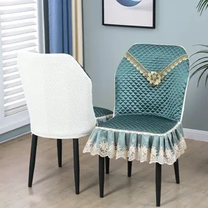 Curved dining chair cover all-inclusive quilted slipcover with elegant lace trim for home decor.