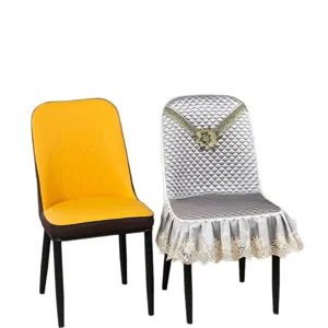 Universal dining chair cover with quilted pattern and lace, elegant household slipcover.